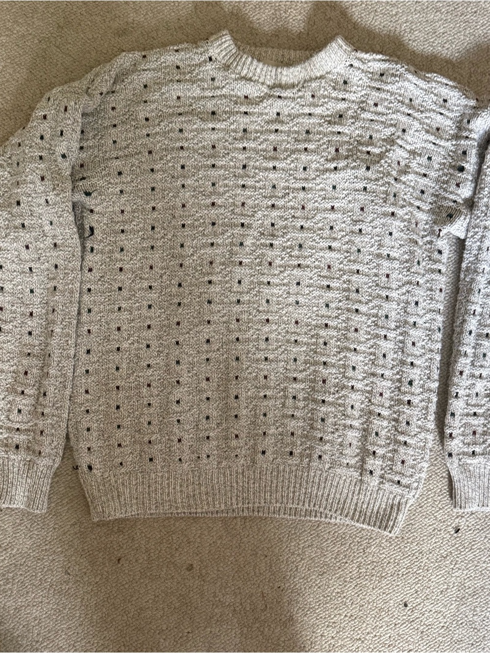 Vintage Textured Open-Knit Crewneck Sweater in Cream